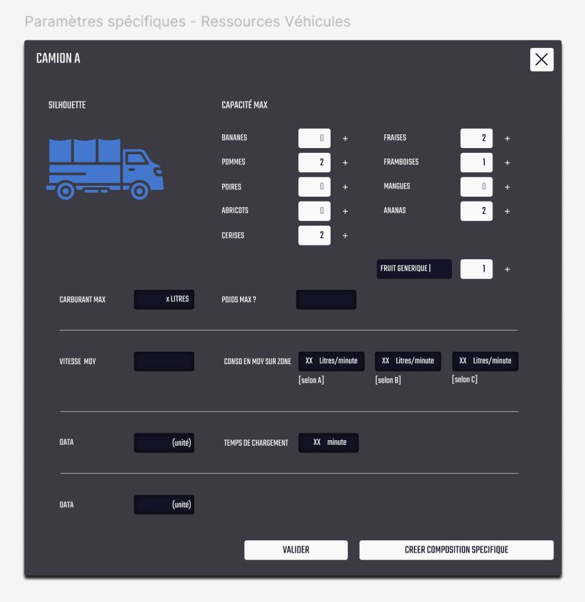 fenêtre modale pour : paramètres spécifiques des véhicules